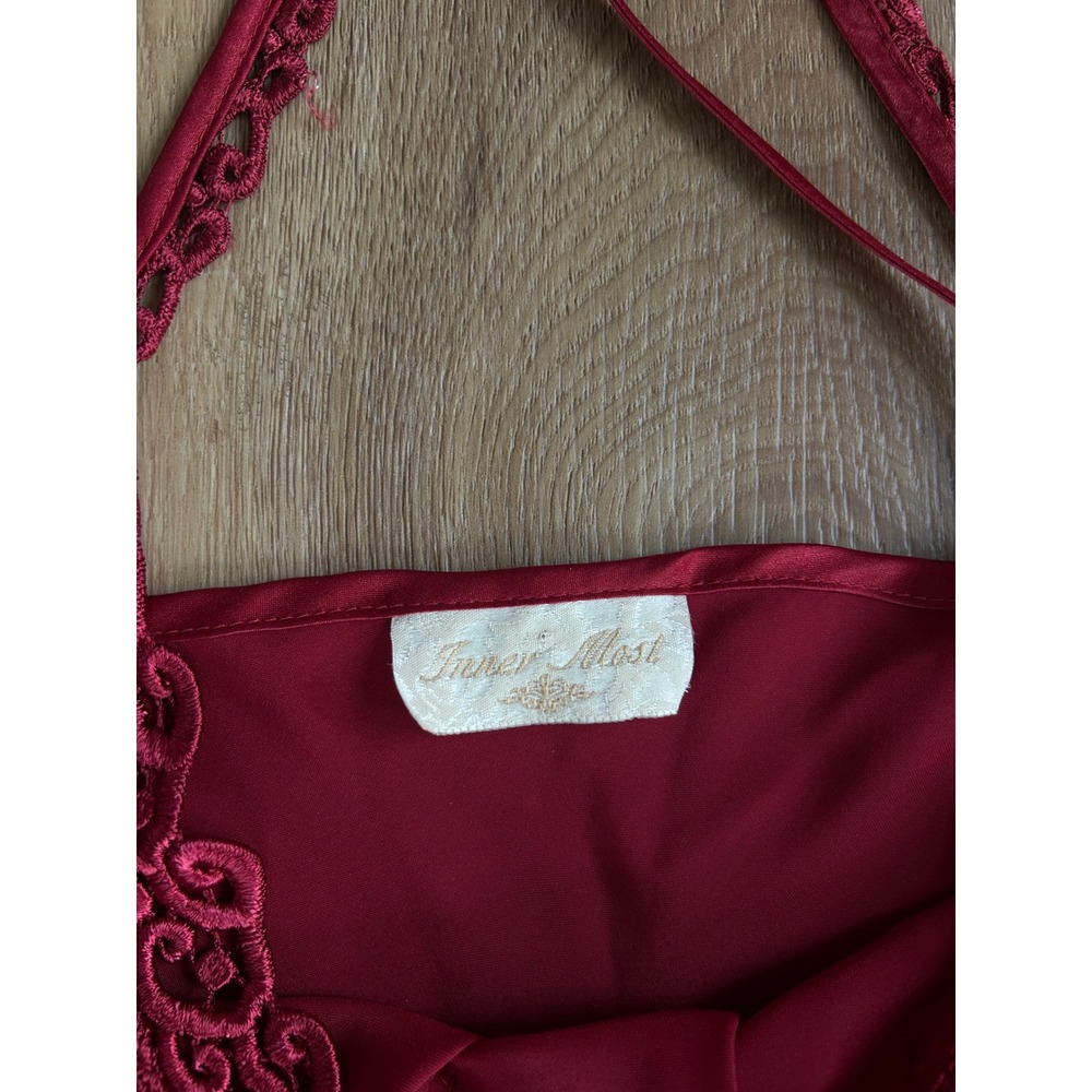 Vintage‎ 80s Burgundy Satin Lace Trim Slip babydoll Nightgown Chemise Dress - Picture 3 of 7